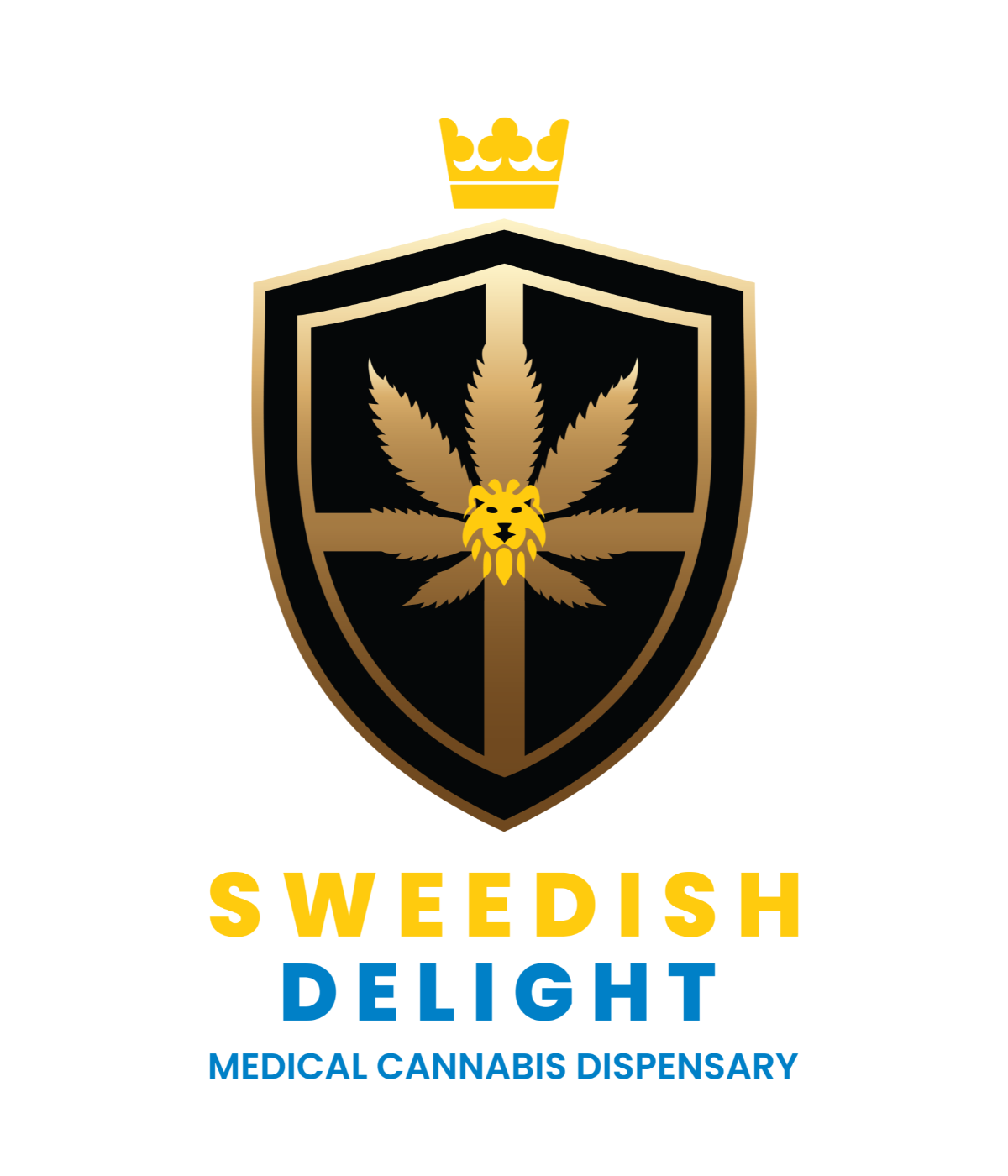 Sweedish Delight cannabis dispensary logo with golden shield and lion leaf emblem